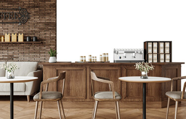 Free PNG wallpaper mockup in Coffee Shop Interior Design, Cozy Cafe Interior with Wooden Furniture and Brick Wall, 3D rendering