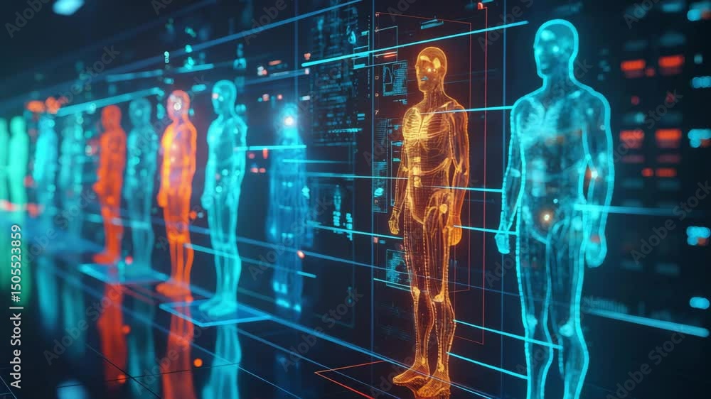 Poster advanced technology visualizing human figures in a dynamic digital environment with vibrant colors