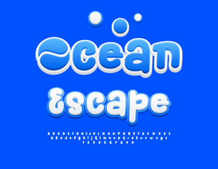 Vector Holiday logo Ocean Escape. Funky Handwritten Font. White Decorative Alphabet Letters and Numbers set.