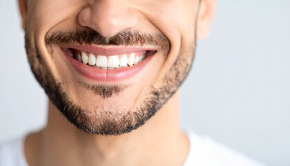 Fototapeta premium Cropped photo of man mouth with perfect white bright smile and healthy teeth. Stomatology, dental