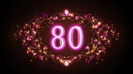 Glowing pink 80th anniversary number in ornate frame