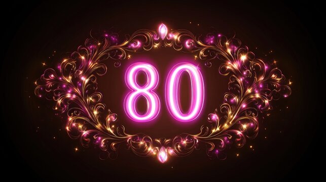 Glowing pink 80th anniversary number in ornate frame