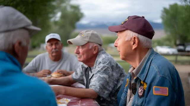 Group of Elderly Men Enjoying a Picnic at an Outdoor Park, Wearing American Flag Patches and Veteran Patches on Their Clothes