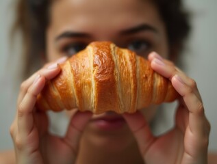 Close-Up of Woman Holding Fresh Croissant in Front of Face with Focus on Pastry Texture