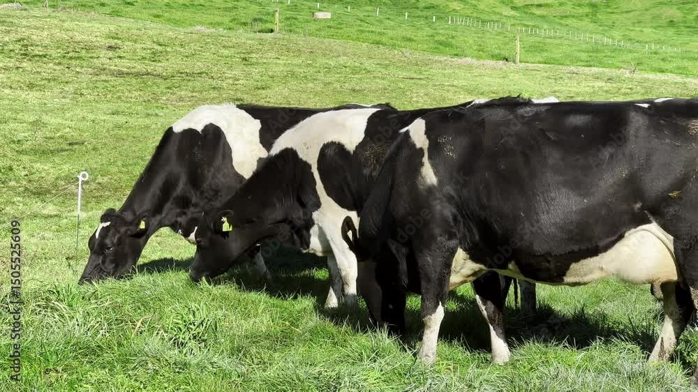 Poster canons grazing in open field during daytime. farm view.