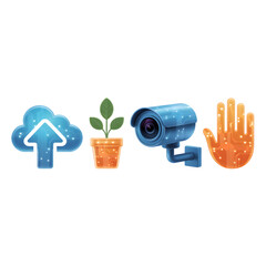 Digital Icons Blue Cloud Upload, Plant in Pot, Blue Camera and Orange Hand on Transparent