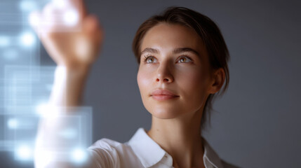 Young woman interacts with digital interface, focusing on futuristic technology and innovation