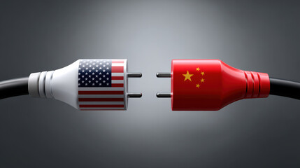 Two electrical plugs with flags of United States and China, symbolizing international connection