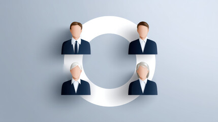Digital illustration of four businesspeople connected circular diagram, representing