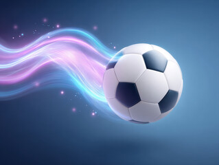 Naklejka premium Futuristic soccer ball with glowing magical wave lighting effect on blue background, dynamic and energetic sports concept