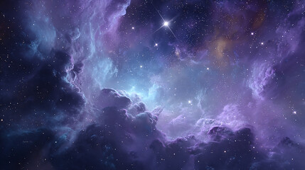Fototapeta premium Vibrant cosmic nebula with stars and clouds in shades of purple, blue, and white creating a dreamy and ethereal space scene