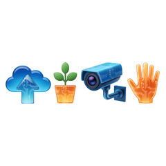 Tech Cloud, Plant, Security Camera, Hand with Circuitry Design on Transparent Background