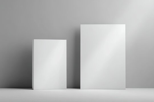 Two blank, white rectangular objects of different sizes on a neutral gray background.  Light highlights the surfaces