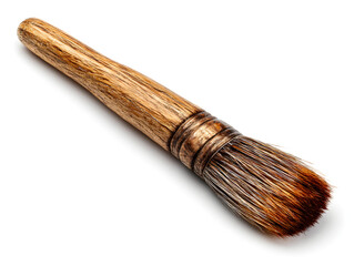 A realistic close-up shot of a paintbrush with natural bristles and a wooden handle, isolated on a white background