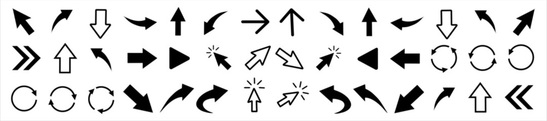 Collection of 48 arrow icons in various styles including straight, curved, circular, and cursor shapes. Black directional symbols on white background. Navigation and interface concept for design