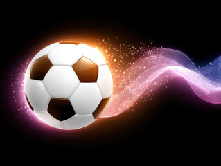 Fototapeta premium Soccer ball with glowing colorful wave trail and sparkling light effects on black background, dynamic and lively sports concept