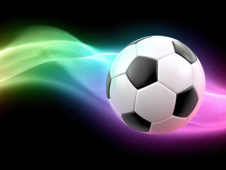 Obraz premium Soccer ball with colorful flowing wave background, lively sports concept with dynamic light effects and vibrant energy in motion
