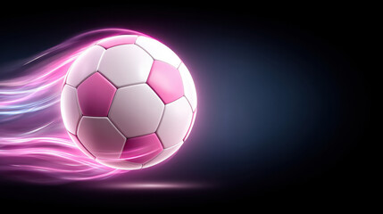 Naklejka premium Pink glowing soccer ball flying with dynamic motion and light trails on dark background, showing energy and speed in sports action