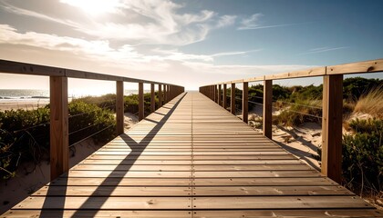 Obraz premium Wooden boardwalk to beach sunset.