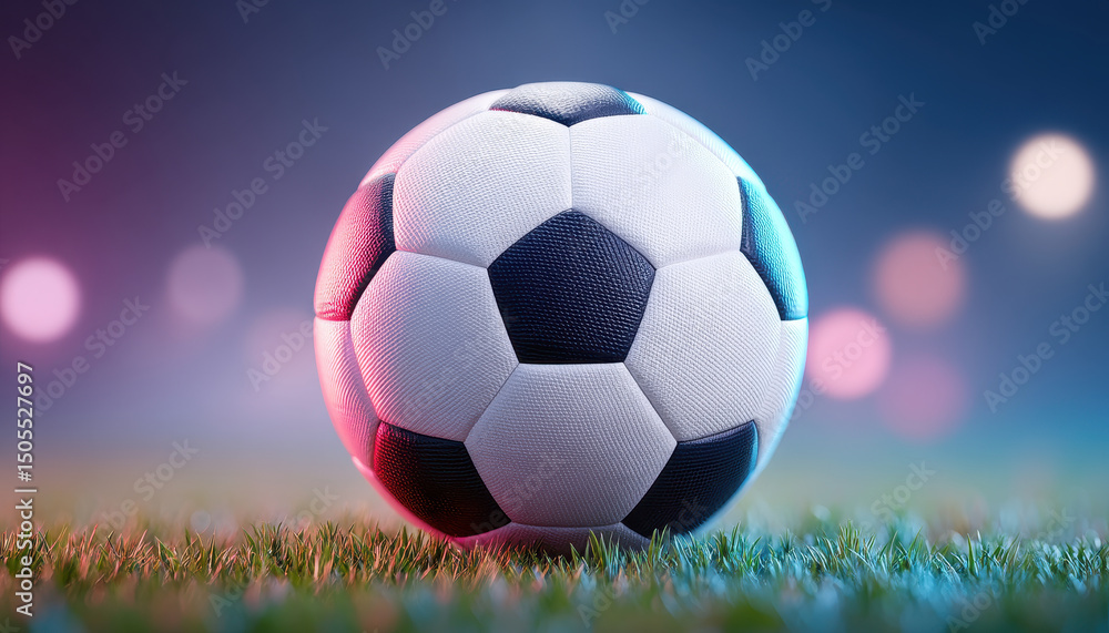 Aufkleber soccer ball glowing with ambient light on grass field with blurred colorful background creating vibr