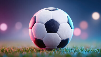 Naklejka premium Soccer ball glowing with ambient light on grass field with blurred colorful background creating vibrant and energetic mood
