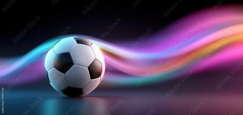 Poster soccer ball with black and white panels on reflective surface with colorful neon light trails in bac