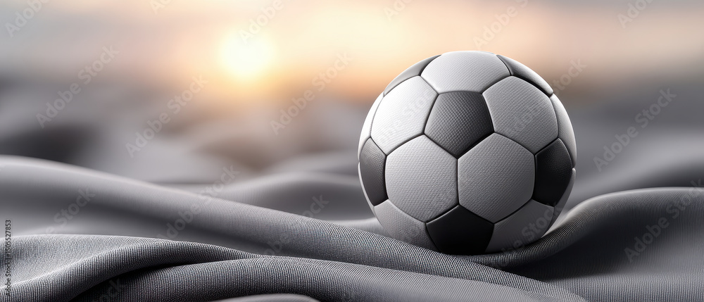 Poster soccer ball on textured fabric with soft sunset light creating calm and warm atmosphere in backgroun