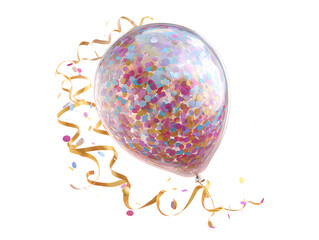 A clear balloon filled with colorful confetti and streamers on a white background, perfect for celebrations and parties