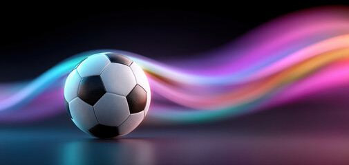 Fototapeta premium Soccer ball with black and white panels on reflective surface with colorful neon light trails in background creating dynamic effect