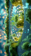 Cannabis Display: An exquisite green specimen radiates modern brightness over a natural moss base, merging contemporary lighting with earthy elegance.