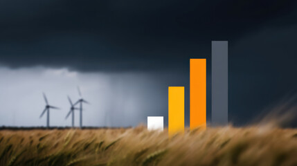 Bar graph with four bars white, yellow, orange, and gray colors is set against stormy sky with