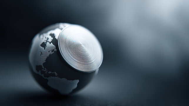 Monochrome globe with digital currency overlay, symbolizing global finance and technology