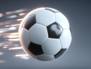Naklejka premium Soccer ball with black and white panels in motion with speed light trails on gray background, dynamic and energetic sports concept