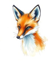 Obraz premium Artistic digital illustration of a realistic fox with striking blue-green eyes, vibrant orange fur, and detailed fur texture on a white background