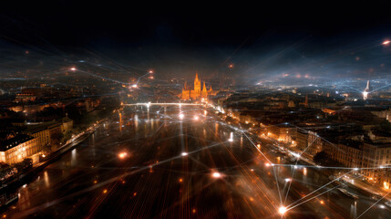 Aerial night view of city with digital light trails and historic cathedral illuminated