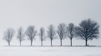 Line of Winter Trees with Falling Snow