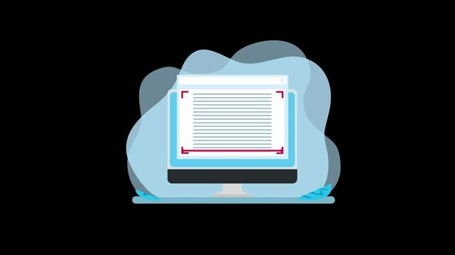 OCR Document Scanning Animation with Red Line and Monitor on Black Background