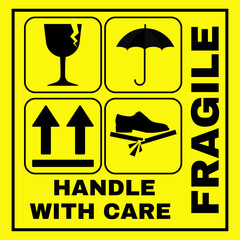 Sticker fragile handle with care, yellow fragile warning sign label with broken glass symbol, this way up sign, don't trample, keep dry, handle with care. ( original illustration, not AI generated )