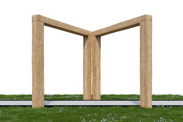 Gravel walking path and wooden frame entrance. 3d rendering of nature garden with empty background.