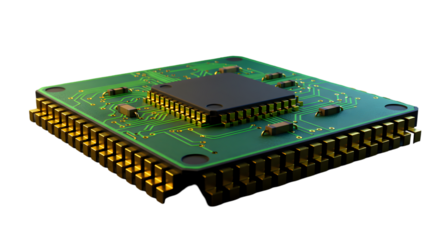3D Rendering of a Modern Green Processor with Gold Pins on Black Background