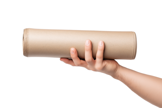 person holding rolled document isolated on white background