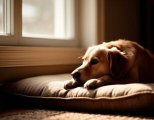 A dog rests by a window, head on its paws, gazing outside.