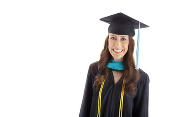 Woman, graduation and success in studio portrait for smile, scholarship or mockup space by white...
