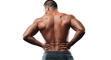 A Muscular Man Suffering From Back Pain In a Black Transparent Background