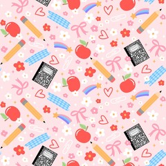 Pastel school supplies seamless pattern, Groovy teacher digital paper background wallpaper 