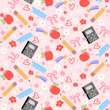 Pastel school supplies seamless pattern, Groovy teacher digital paper background wallpaper 