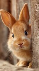 A cute little rabbit is peeking out from behind a wooden post
