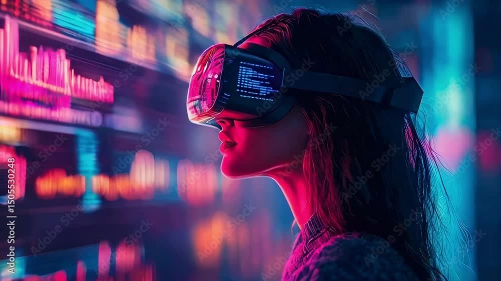 Poster a woman wearing virtual glasses that display vivid digital data and graphs. it is surrounded by many
