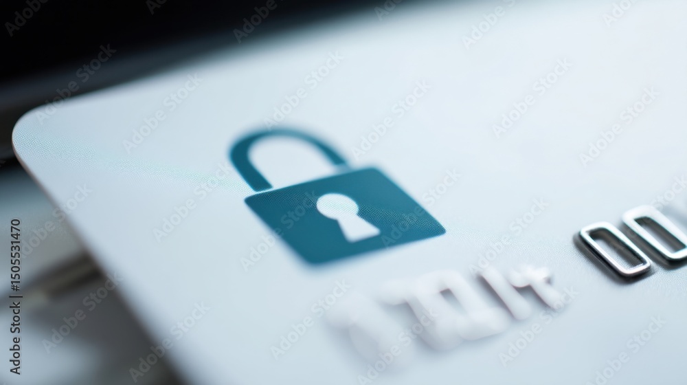 Poster close-up of credit card with padlock symbol, illustrating financial security and data protection for