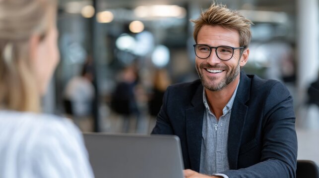 A man wearing glasses is talking to another man